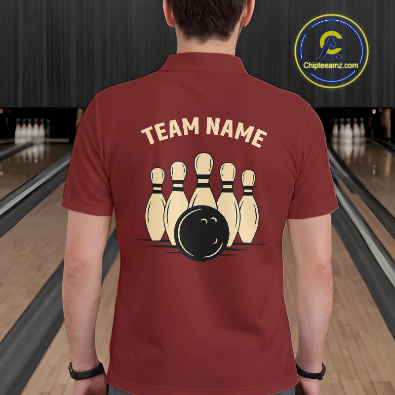Red argyle pattern Bowling polo, 1/4 zip shirt for Men custom vintage bowling shirt, gift for bowlers NQS10255