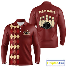 Load image into Gallery viewer, Red argyle pattern Bowling polo, 1/4 zip shirt for Men custom vintage bowling shirt, gift for bowlers NQS10255