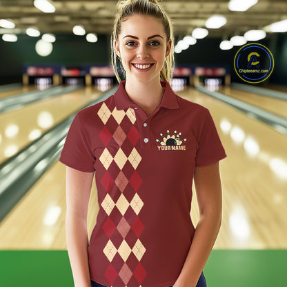 Red argyle pattern Women Bowling polo, 1/4 zip shirt custom vintage bowling shirt, gift for bowlers NQS10255