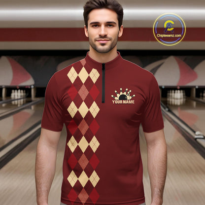 Red argyle pattern Bowling polo, 1/4 zip shirt for Men custom vintage bowling shirt, gift for bowlers NQS10255