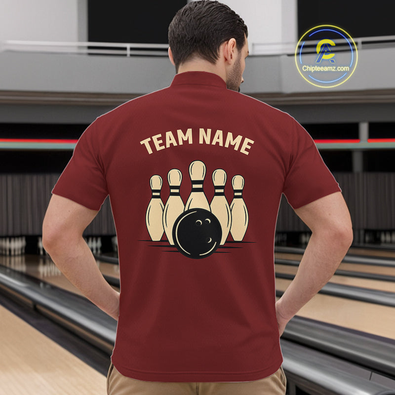 Red argyle pattern Bowling polo, 1/4 zip shirt for Men custom vintage bowling shirt, gift for bowlers NQS10255