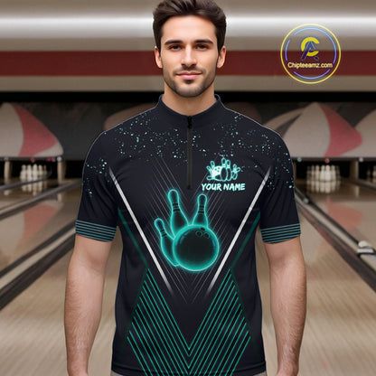 Bowling polo, quarter zip shirt for Men custom team bowling jersey, gift for bowlers | Turquoise NQS10256