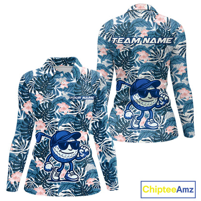 Blue tropical leaf pattern pink flower funny Golf polo shirts for Women Custom ladies golf outfits NQS10119