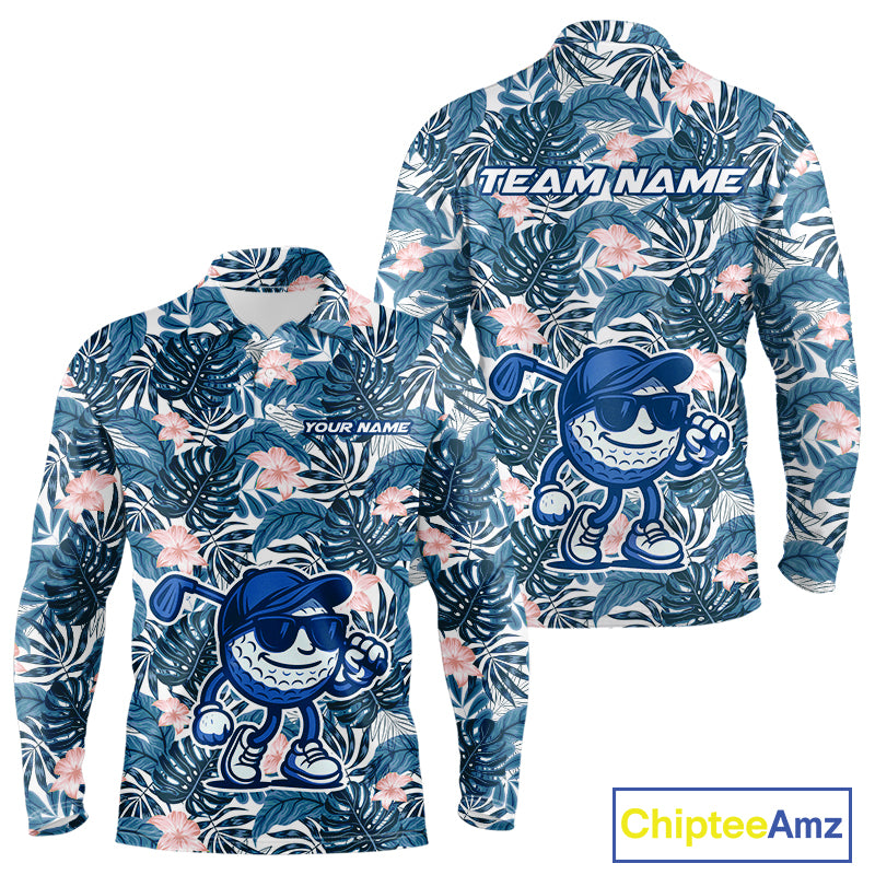 Blue tropical leaf pattern pink flower funny Golf polo shirts For Men Custom mens golf outfits NQS10119