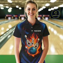 Load image into Gallery viewer, Blue and Black Flame Bowling shirts for Women custom funny bowling ball and pins team bowler jerseys NQS10260