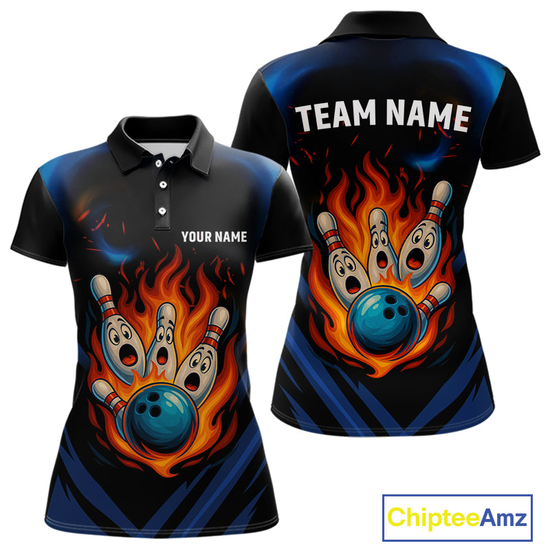 Blue and Black Flame Bowling shirts for Women custom funny bowling ball and pins team bowler jerseys NQS10260