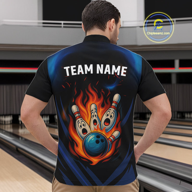 Blue and Black Flame Bowling shirts for Men custom funny bowling ball and pins team bowler jerseys NQS10260