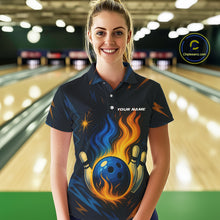 Load image into Gallery viewer, Blue and Yellow Flame Bowling shirts for Women custom bowling team jerseys for ladies bowler NQS10262