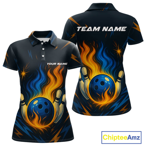 Blue and Yellow Flame Bowling shirts for Women custom bowling team jerseys for ladies bowler NQS10262