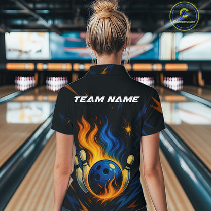 Blue and Yellow Flame Bowling shirts for Women custom bowling team jerseys for ladies bowler NQS10262