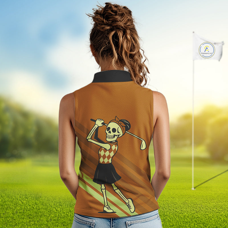Funny argyle pattern Skull Sleeveless Polo Shirt Custom ladies golf attire, cool golf gift | Orange NQS10656