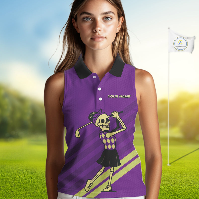 Funny argyle pattern Skull Sleeveless Polo Shirt Custom ladies golf attire, cool golf gift | Purple NQS10657