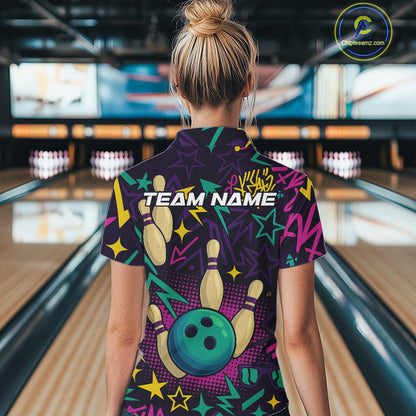 Custom purple graffiti pattern funny Bowling shirts for Women, bowling team league jerseys with Name NQS10270