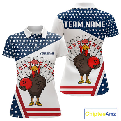 American Flag Funny Turkey Bowling Polo, 1/4 Zip shirt for Women custom patriotic bowling team jersey NQS10272