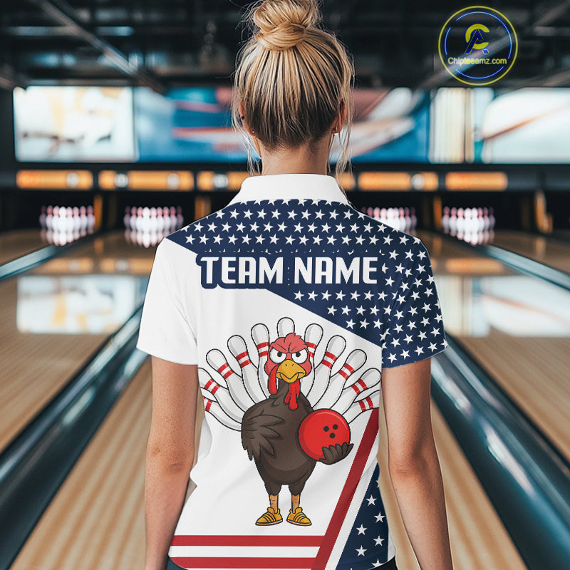 American Flag Funny Turkey Bowling Polo, 1/4 Zip shirt for Women custom patriotic bowling team jersey NQS10272