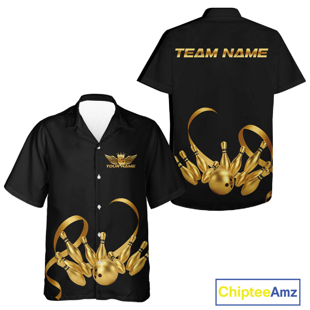 Black and Gold Ribbon Bowling Hawaiian shirts Custom Breast Cancer Bowling Team Button up Shirt NQS10465