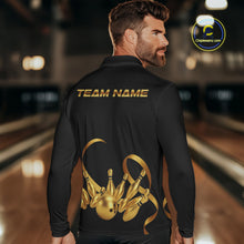 Load image into Gallery viewer, Black and Gold Ribbon Bowling Polo, 1/4 Zip Shirts For Men Custom Breast Cancer Bowling Team Shirt NQS10465
