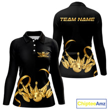 Load image into Gallery viewer, Black and Gold Ribbon Bowling Polo, 1/4 Zip Shirts For Women Custom Breast Cancer Bowling Team Shirt NQS10465