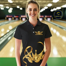 Load image into Gallery viewer, Black and Gold Ribbon Bowling Polo, 1/4 Zip Shirts For Women Custom Breast Cancer Bowling Team Shirt NQS10465
