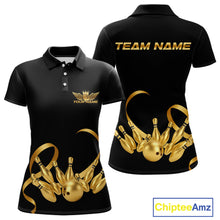 Load image into Gallery viewer, Black and Gold Ribbon Bowling Polo, 1/4 Zip Shirts For Women Custom Breast Cancer Bowling Team Shirt NQS10465
