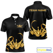 Load image into Gallery viewer, Black and Gold Ribbon Bowling Polo, 1/4 Zip Shirts For Men Custom Breast Cancer Bowling Team Shirt NQS10465