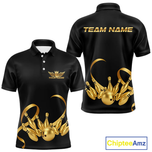 Black and Gold Ribbon Bowling Polo, 1/4 Zip Shirts For Men Custom Breast Cancer Bowling Team Shirt NQS10465