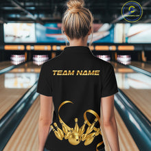Load image into Gallery viewer, Black and Gold Ribbon Bowling Polo, 1/4 Zip Shirts For Women Custom Breast Cancer Bowling Team Shirt NQS10465