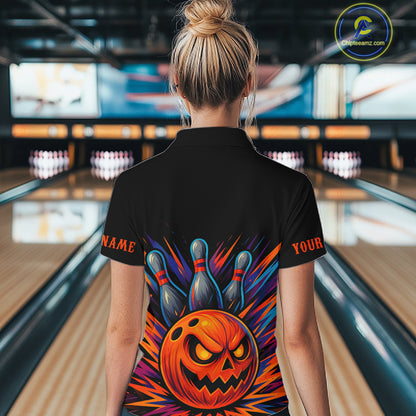 Funny Orange and Black Pumpkin Halloween Bowling Polo, 1/4 Zip Shirts For Women, Bowling Team Jersey NQS10470