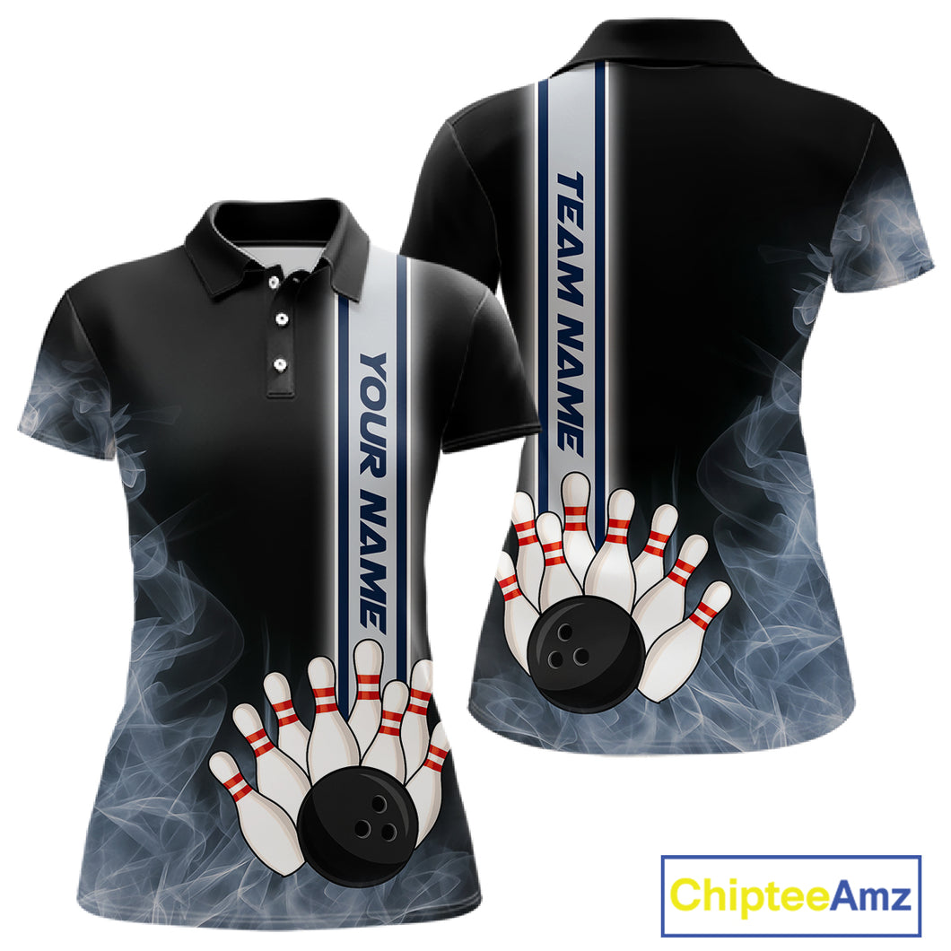 Black Smoke Bowling Polo, Quarter Zip Shirts For Women Custom Team Bowling Tournament Jerseys NQS10681