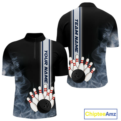 Black Smoke Bowling Polo, Quarter Zip Shirts For Men Custom Team Bowling Tournament Jerseys NQS10681