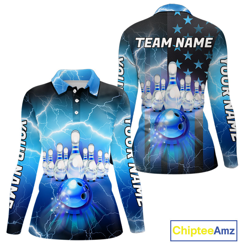 Blue lightning thunder American flag Bowling shirts for Women Custom patriotic bowling team jersey NQS10148