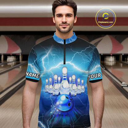 Blue lightning thunder American flag Bowling shirts for Men Custom patriotic bowling team jersey NQS10148