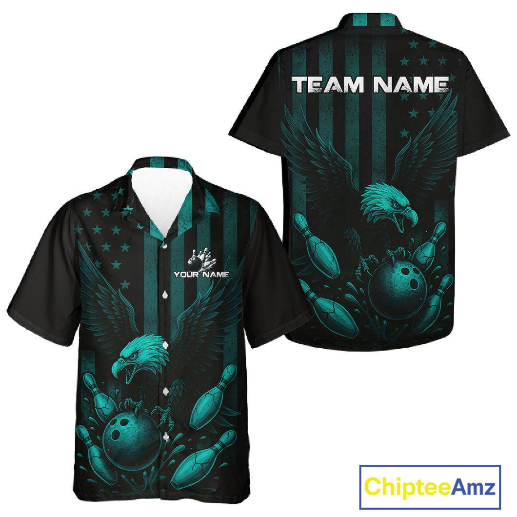 Black and Cyan Blue American Flag Eagle Bowling Hawaiian Shirt Custom Patriotic Team bowling shirt NQS10478