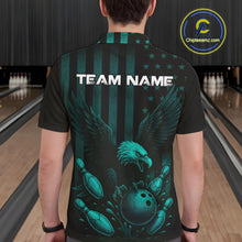 Load image into Gallery viewer, Black and Cyan Blue American Flag Eagle Bowling Shirt For Mens Custom Patriotic Team bowling jerseys NQS10478