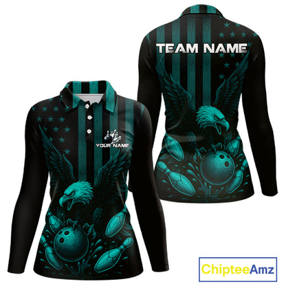 Black and Cyan Blue American Flag Eagle Bowling Shirt For Women Custom Patriotic Team bowling jerseys NQS10478