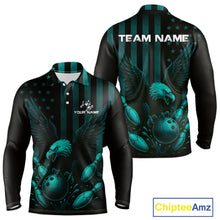 Load image into Gallery viewer, Black and Cyan Blue American Flag Eagle Bowling Shirt For Mens Custom Patriotic Team bowling jerseys NQS10478
