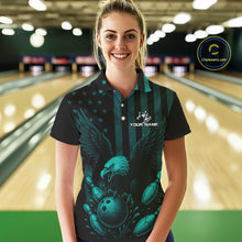 Load image into Gallery viewer, Black and Cyan Blue American Flag Eagle Bowling Shirt For Women Custom Patriotic Team bowling jerseys NQS10478