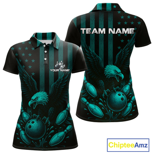 Black and Cyan Blue American Flag Eagle Bowling Shirt For Women Custom Patriotic Team bowling jerseys NQS10478