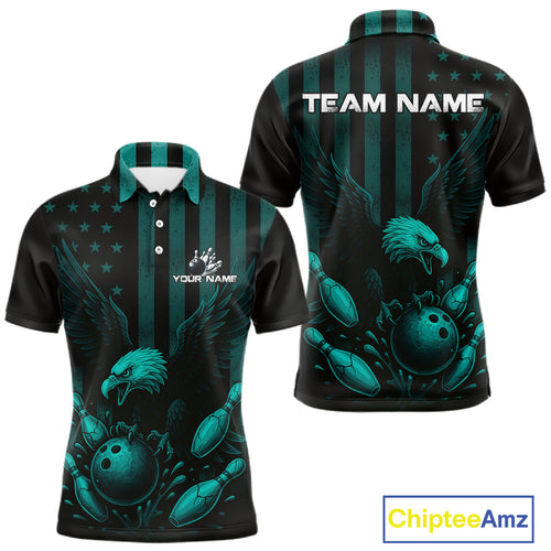 Black and Cyan Blue American Flag Eagle Bowling Shirt For Mens Custom Patriotic Team bowling jerseys NQS10478