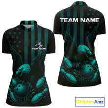Load image into Gallery viewer, Black and Cyan Blue American Flag Eagle Bowling Shirt For Women Custom Patriotic Team bowling jerseys NQS10478