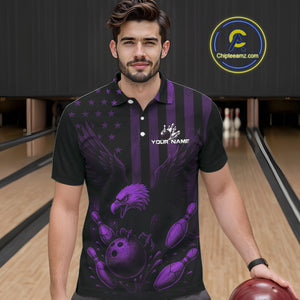Black and Purple American Flag Eagle Bowling Shirt For Mens Custom Patriotic Team bowling jerseys NQS10479