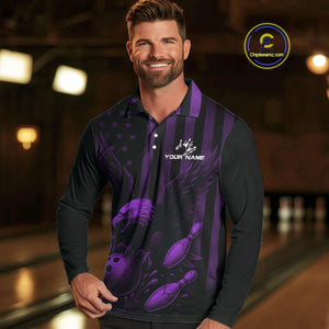 Black and Purple American Flag Eagle Bowling Shirt For Mens Custom Patriotic Team bowling jerseys NQS10479