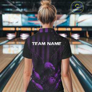 Black and Purple American Flag Eagle Bowling Shirt For Women Custom Patriotic Team bowling jerseys NQS10479
