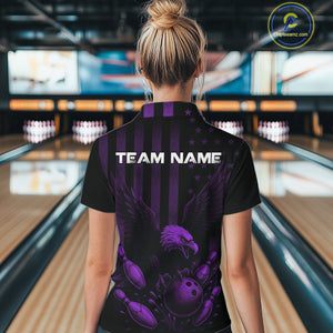 Black and Purple American Flag Eagle Bowling Shirt For Women Custom Patriotic Team bowling jerseys NQS10479