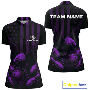 Black and Purple American Flag Eagle Bowling Shirt For Women Custom Patriotic Team bowling jerseys NQS10479