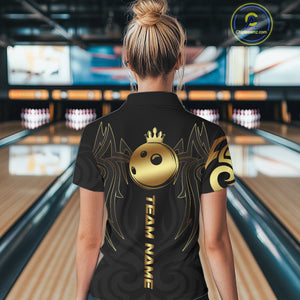 Black and Gold crown Bowling ball Polo, Quarter Zip Shirts for Women Custom Bowling Team jerseys NQS10499