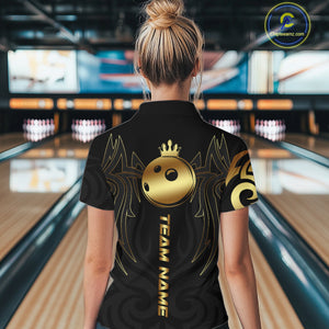 Black and Gold crown Bowling ball Polo, Quarter Zip Shirts for Women Custom Bowling Team jerseys NQS10499