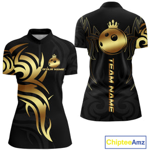Black and Gold crown Bowling ball Polo, Quarter Zip Shirts for Women Custom Bowling Team jerseys NQS10499
