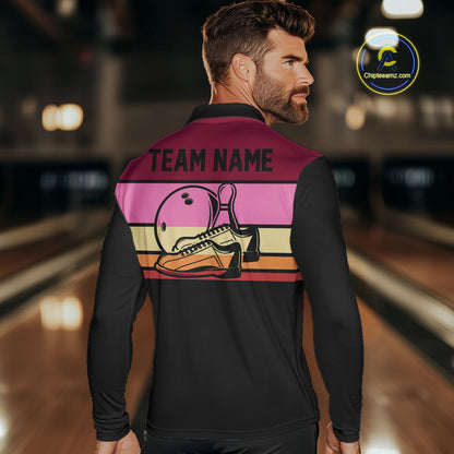 Black and Pink Retro Bowling Polo, Quarter Zip Shirts for Men Custom Team Bowling League Jerseys NQS10503