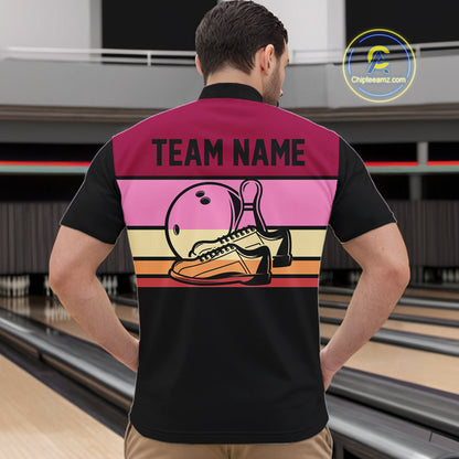 Black and Pink Retro Bowling Polo, Quarter Zip Shirts for Men Custom Team Bowling League Jerseys NQS10503